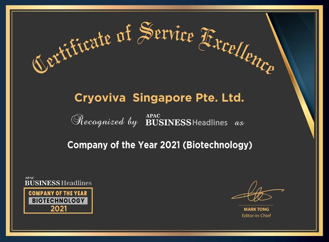 Read more about the article Cryoviva Singapore named ‘Biotechnology Company of the Year 2021’