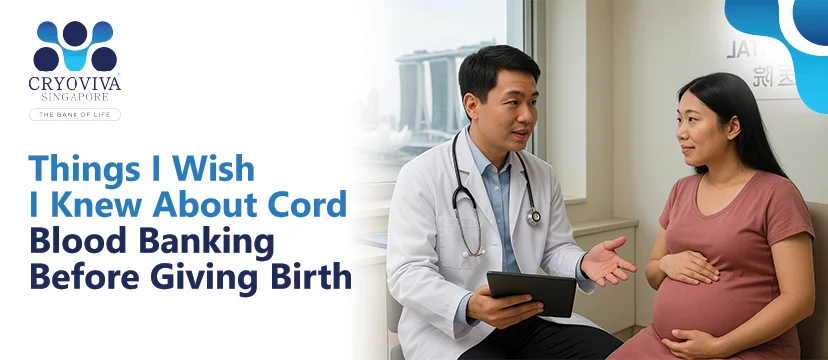 Pregnant woman consulting a doctor about cord blood banking at a clinic, with text overlay "Things I Wish I Knew About Cord Blood Banking Before Giving Birth