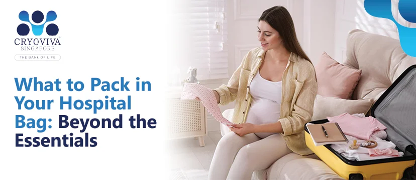 Pregnant woman sitting on a bed packing baby clothes into a hospital bag before delivery.
